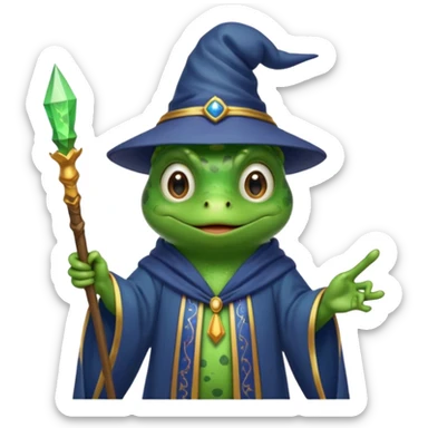 A smart frog in a hat and robes holds a pointer and with a smart face points out the mistake sticker