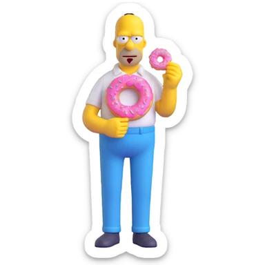 Homer Simpson 3D cartoon style, yellow skin, white shirt, blue pants, bald with two hairs on top, holding a pink donut sticker
