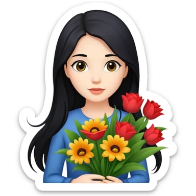 beautiful girl with long black hair holding a bouquet of flowers sticker