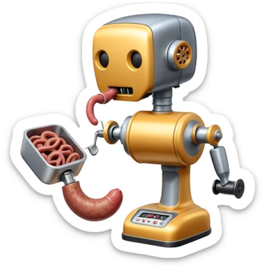 a robot that has a meat grinder for a head. 2 arms that stuff meat into the meat grinder and sausage links come out of the rear. The robot hovers. shoves meat into its mouth to grind sticker