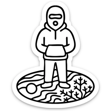 Person in ski mask and hoodie standing on vibrant earth surface with cosmic patterns and fractals flowing beneath feet sticker