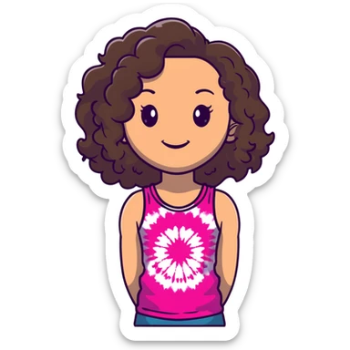 Friendly maternal woman with fair skin, long dark brown curly hair, large almond eyes, full lips, wearing bright pink tie-dye tank top, warm welcoming smile sticker