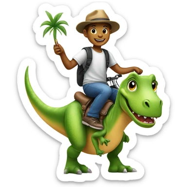 smiling boy in hat selfie riding dinosaur sticker