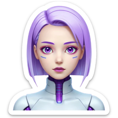 Cyberpunk female android, perfect porcelain skin, glowing artificial eyes, visible faint seams on neck, sleek metallic hair, expressionless, vibrant violet lighting sticker