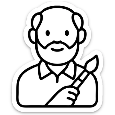 man with a round face, white hair and beard, blue collared shirt, holding a paint brush, flat icon style sticker
