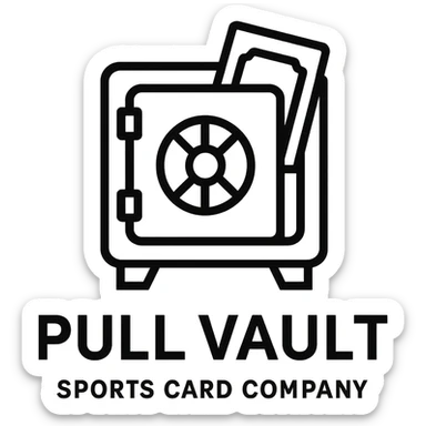 logo for Pull Vault, sports card company, minimalist, with a vault and card icon, strong lines sticker