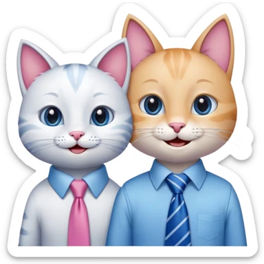 happy girl cat with eyelashes wearing a pink necktie and happy boy cat wearing a blue necktie, standing close together, both smiling sticker
