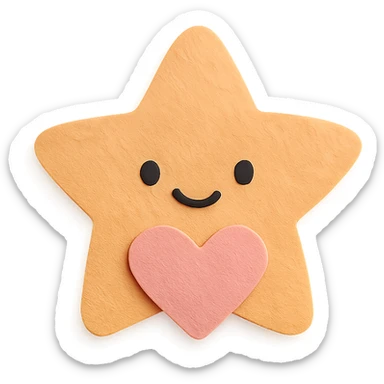 Smiling pastel orange star clutching a small pastel heart, no arms or legs, full body, transparent background, in kawaii paper craft style. sticker