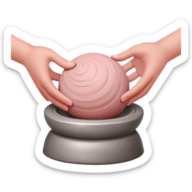 two hands kneading a ball of pink clay over a silver pottery wheel sticker