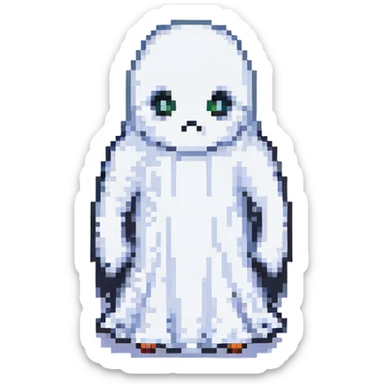 pixel art ghost, classic video game style, white with black outline sticker