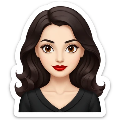 Distinguished actress with bright complexion, long dark hair with soft waves, large expressive dark eyes with classic makeup, defined brows, red lipstick, wearing elegant black dress, confident professional smile sticker