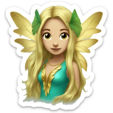 Beautiful, leaf, fairy, gold, turqoise, green, long hair, big wings sticker