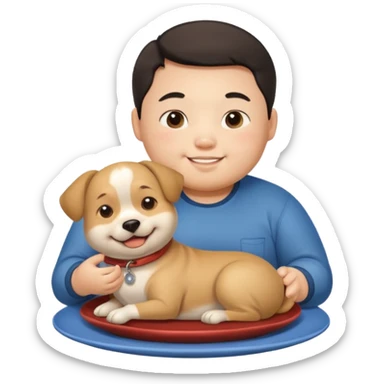 A fat Chinese boy with a dog sitting on his plate  sticker