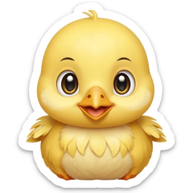 Cute baby chick named Lex, smiling with big shiny eyes, soft yellow feathers, round head, very adorable emoji style sticker
