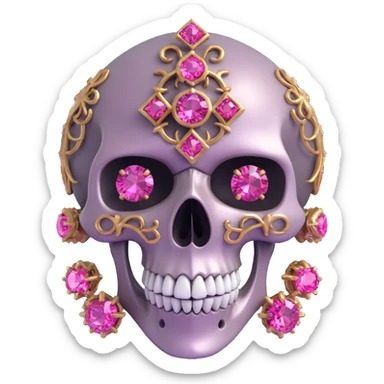 3D gothic skull with pink gemstones, intricate details, metallic finish sticker