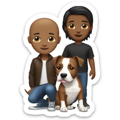 A brown boy with black straight hair and a brown and white pitbull dog sticker