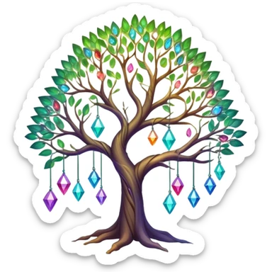 Spiritual magical ethereal tree with colorful crystals hanging in it sticker