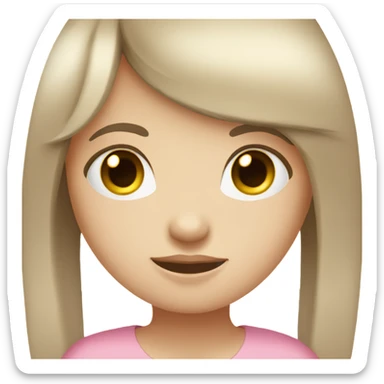 young girl with long straight brown hair with bangs, black eyes, pale skin, pink shirt sticker