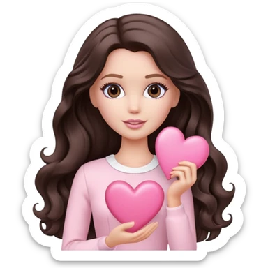 A white Barbie girl with long dark brown wavy hair in pale pink clothes holds pale pink heart sticker
