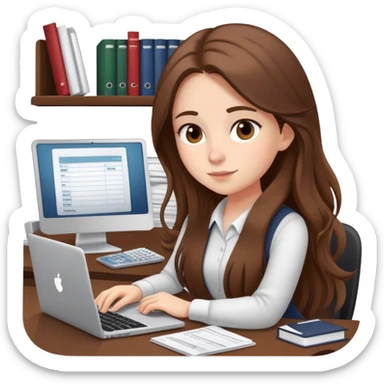 Girl with long brown hair doing bookkeeping at a laptop with a cozy mug beside her officecore elegant sticker