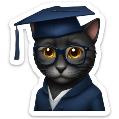 The student is a black wool cat in a dark blue suit, a square academic dark blue cap and golden glasses sticker