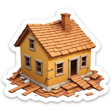 3D iPhone style emoji of a collapsed house, broken walls and roof pieces scattered, debris and ruins visible, isolated on white background, soft shadows, high detail, playful and cute. sticker