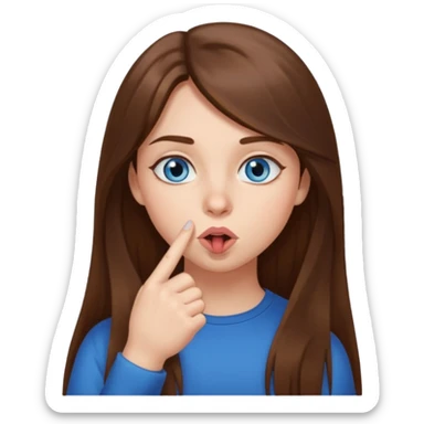 a girl with long hair, blue eyes telling to be quiet with the finger near her mouth sticker