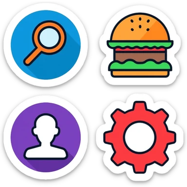 Website icon set with colorful icons: blue home icon, orange magnifying glass search icon, green hamburger menu icon, purple profile/user icon, and red gear settings icon sticker