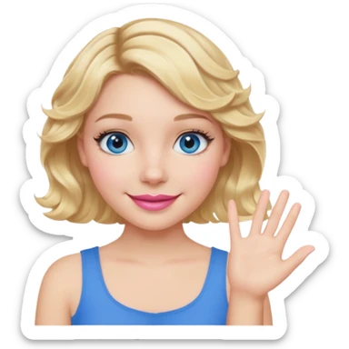 Girl Blonde short wavy hair,  blue eyes, cute blue top, long lashes, pink lips, smiling, one hand 🤷🏼‍♀️  sticker