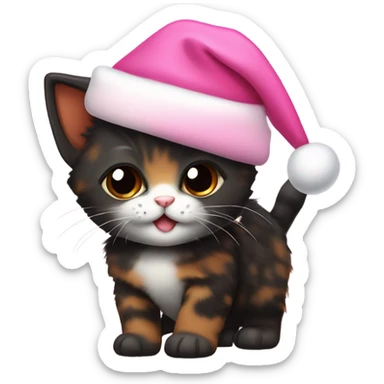 Cute mostly black tortoiseshell kitten wearing a pink Santa hat sticker