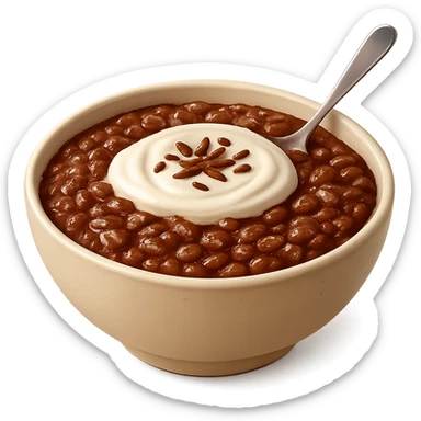 Make the champorado look like chocolate mixed with congee, with visible rice grains in a thick, glossy chocolate porridge, realistic texture, appetizing and true-to-life, keep the background transparent. Realistic and detailed food texture. sticker