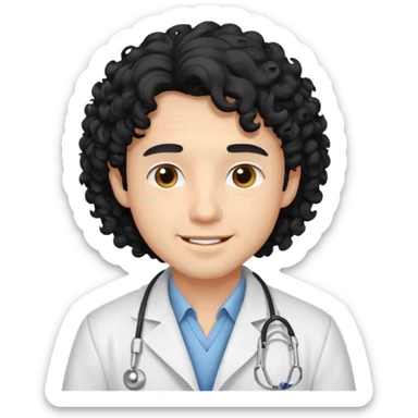 a young male doctor with black long curly hair and cheerful face sticker