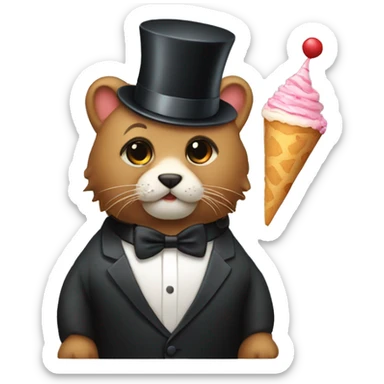An animal with a party hat wearing a tuxedo with a peice of cake sticker