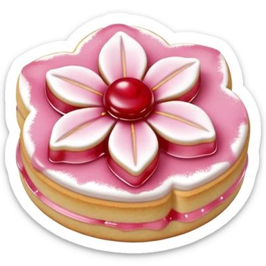 Realistic shortbread cookie in the shape of a cherry blossom with pale pink color jelly middle filling and sprinkled powder sugar on top. sticker