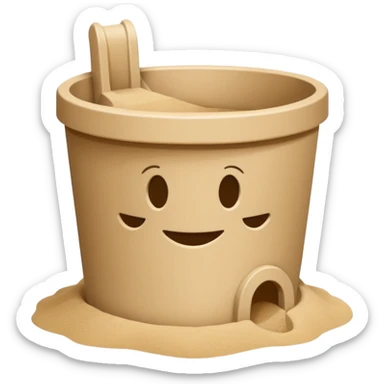 Bucket-shaped sand castle, made with an upside-down pail mold sticker