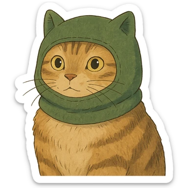 ghibli style cat in a green balaclava sticker