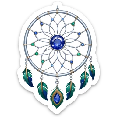 a Silver Dreamcatcher with sapphire-stones and emerald-stones, and with peacock-feathers. Big sapphire gem in the middle. Many tiny emerald gems around it.   sticker