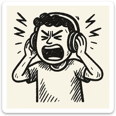 Make the bold guy with headphones look angrier and more intense while screaming in the style of notion hand drawn doodles. sticker