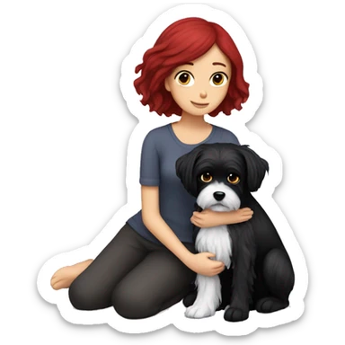 Dark red hair girl hugs  her maltese black dog sticker