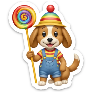 Generate a emoji of a dog with a comically large rainbow swirly lollipop with a goofy silly propeller hat, make the dog wear a striped bright yellow, red, and blue shirt with jean overalls sticker