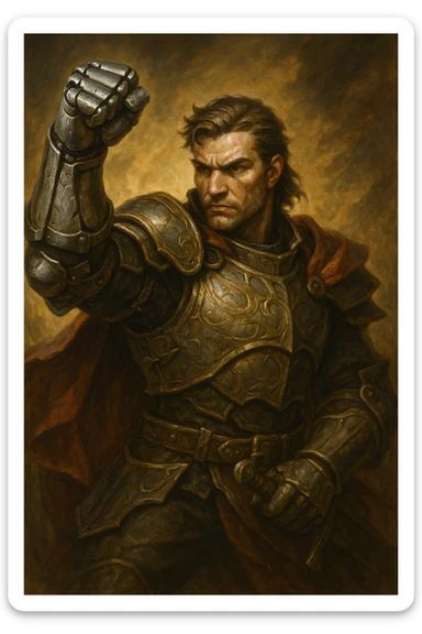 Alexandr Iron Fist, heroic character with a metallic fist, strong and determined expression, fantasy style sticker