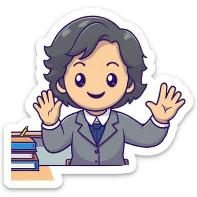 smiling English teacher with airtouch hair and grey-green eyes teaching in a classroom with chalkboard sticker