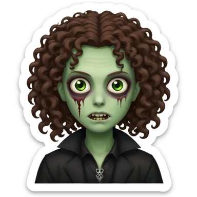 long curly haired zombie with brown hair color and green eye color, with dark vampire clothes sticker