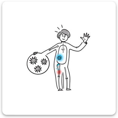 Medical illustration of anti-inflammatory process: transparent human body with highlighted joints, cool blue healing energy neutralizing red inflammation areas, small circular inset showing immune cells becoming calm, clean clinical style with soft futuristic background sticker