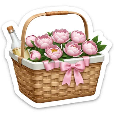 White Picnic basket with light pink bow and white peonies and a pink bottle inside sticker