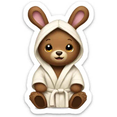 Brown stuffed animal bear wearing a cream bathrobe with bunny ears on it sticker