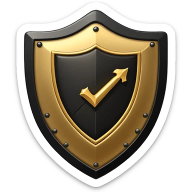 Black and gold emoji of a cracked shield reforming around a checklist with one strong tick, symbolising discipline rebuilt after failure, luxury minimal style, transparent background. sticker