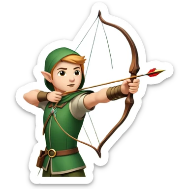 A skilled archer, resembling Robin Hood, drawing a bow and releasing an arrow towards a target. The scene captures the perfect moment of release, with the bowstring taut and the arrow flying toward the bullseye, set in a forest or archery range background. sticker