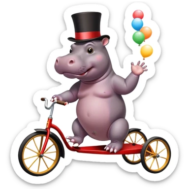 Hippo on a tricycle with a top hat juggling cats sticker