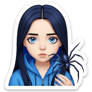 billie eilish, blue eyes, long black hair, dark eyeliner makeup, holding blue spider sticker